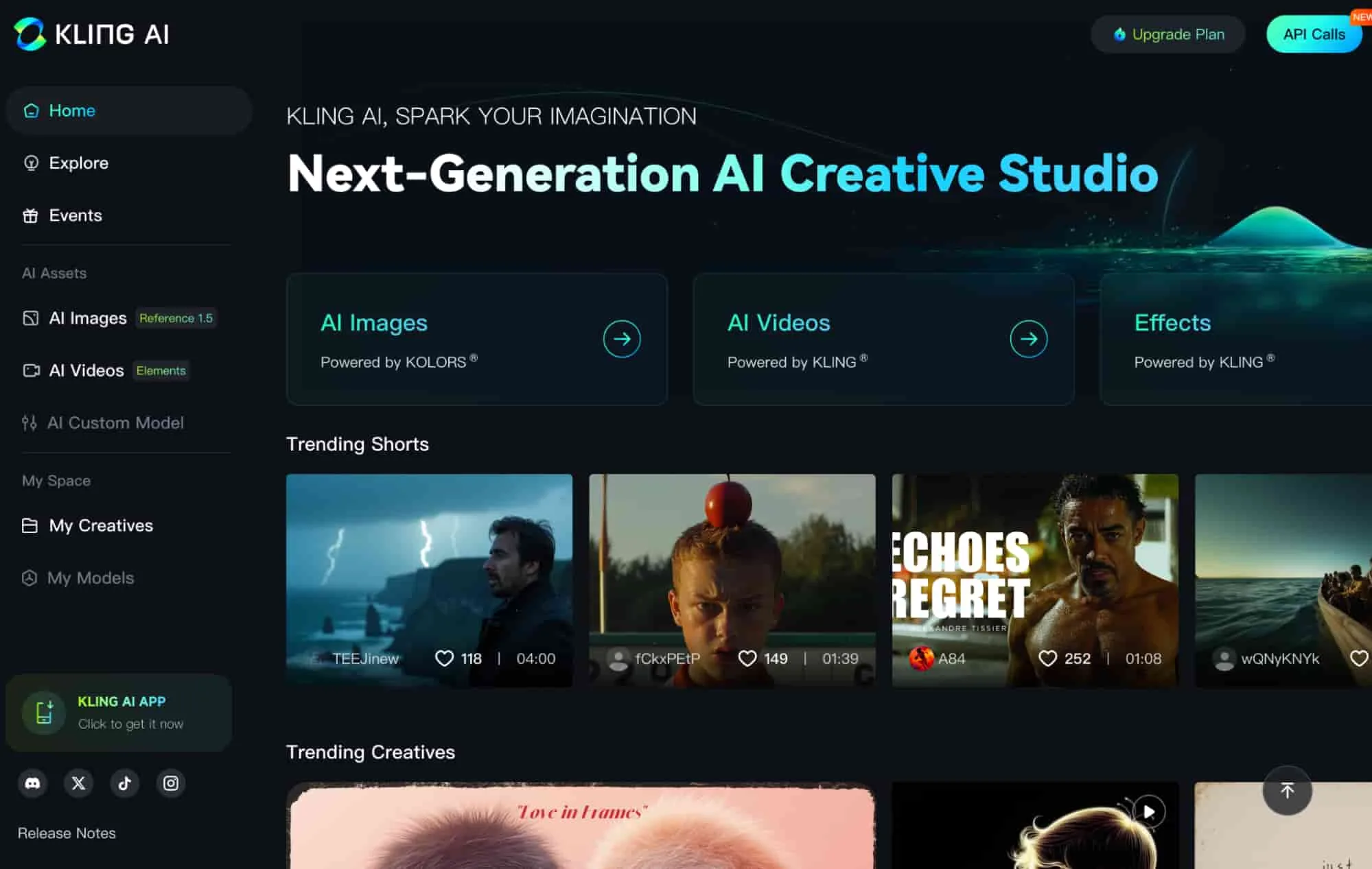 Kling AI dashboard UI